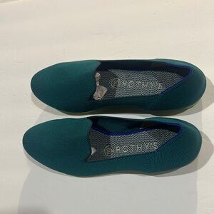 Rothy's Deep Teal jade Knit Flat loafers rounded toe w yellow bright bottom 8.5